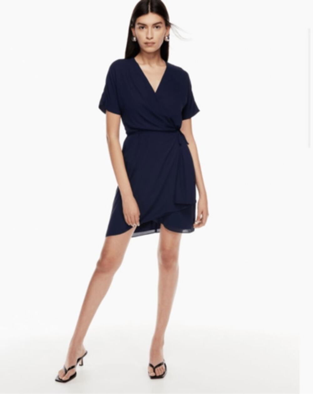 Aritzia Babaton Navy Wallace Wrap Dress Waist Tie Short Sleeve Sz S Women's